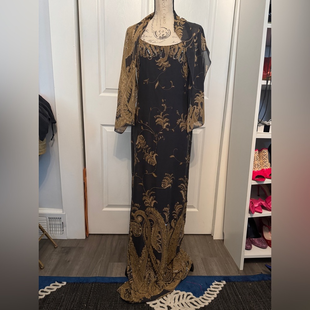 Jovani Black and Gold Embroidered Evening Gown with Shawl
